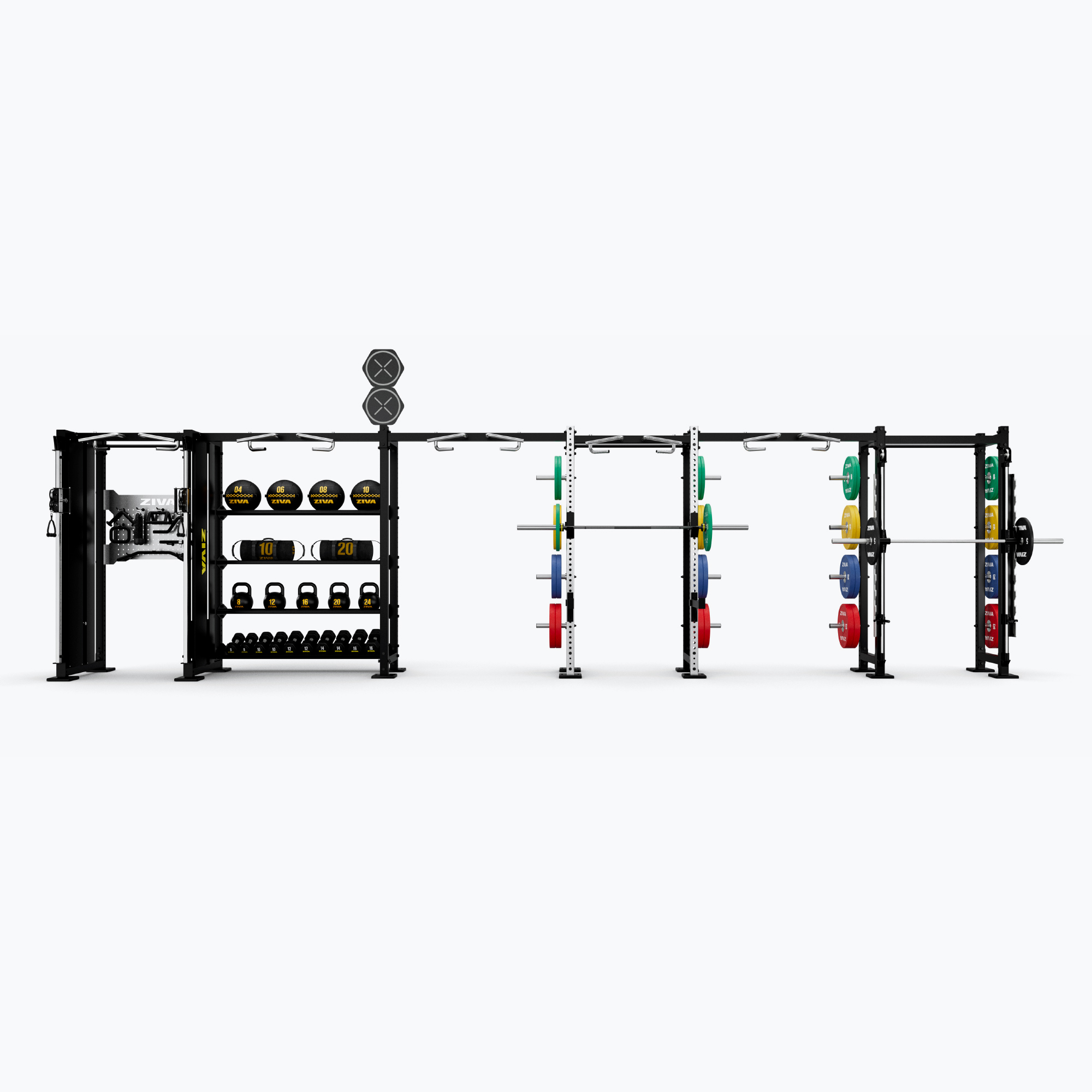 Hệ Thống Giàn Tập Đa Năng Gắn Tường ZIVA INOX Wall 6 Khoang (Máy Kéo Cáp + Khung Half Rack + Khung Smith Machine)